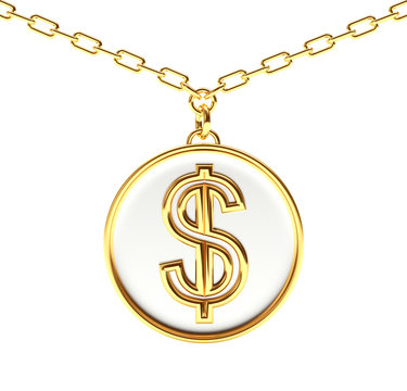 Golden medallion with dollar sign on a chain isolated on white background.