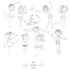 Set of dancing young girls, isolated on white, fun, kind, in dance studio. Kids in different dynamic poses, with raised hands and legs. Characters in different age, complexion. Black and white image
