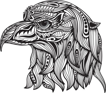 Patterned head of eagle Black and white zentangle art. Ethnic patterned illustration for antistress coloring book, tattoo, poster, print, t-shirt.