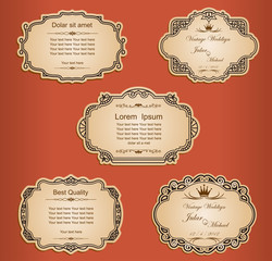 Gold Label cutout paper frames with flourish decoration,Vintage frame set on striped seamless background. Calligraphic design elements