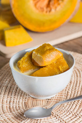 Thai style dessert, hot pumpkin in coconut milk.