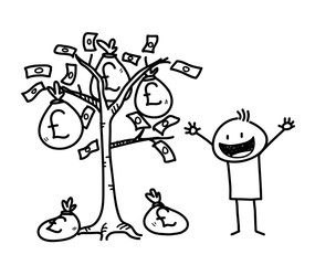 Money Tree Business Stick Figure Doodle (Pound Sterling), a hand drawn vector doodle illustration of a businessman and a money tree.
