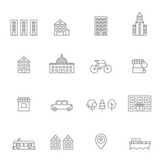 City icons set. Buildings, houses, trees, transport and pointer. Clean and simple outline design.
