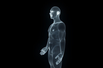 Male Human 3D Wireframe Hologram in Motion. Nice 3D Rendering
