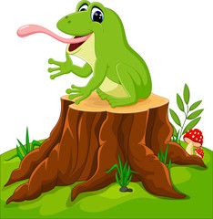 Cartoon funny frog sitting on tree stump