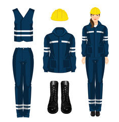 Woman worker in protective wear, black shoes and yellow safety helmet on white background