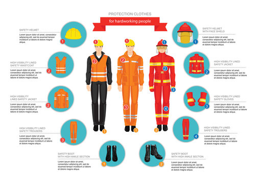 Infographics of professional uniform for hard-working people. Safety clothes and helmet. 