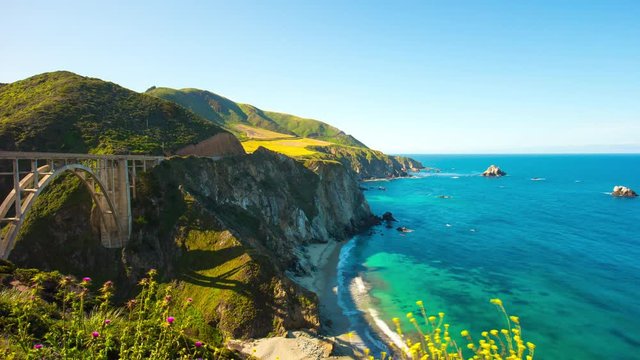 famous big sur famous summer bay bridge beach panorama 4k time lapse california usa
