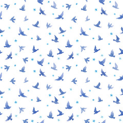 Cute birds, small flowers. Seamless pattern. Watercolor