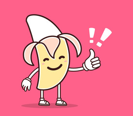 Vector illustration of yellow color smile banana with thumb up o