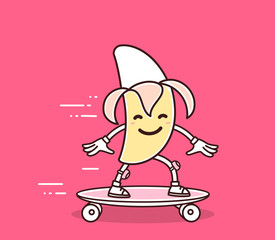 Vector illustration of yellow color smile banana riding skateboa