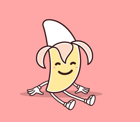 Vector illustration of yellow color sitting smile banana with ha