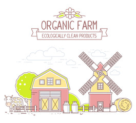 Agribusiness.Vector illustration of colorful milk farm life with