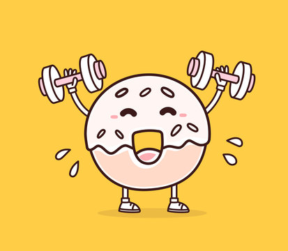 Vector illustration of bright color smile donut lifts dumbbells