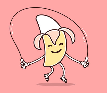 Vector illustration of yellow color smile banana with skipping r
