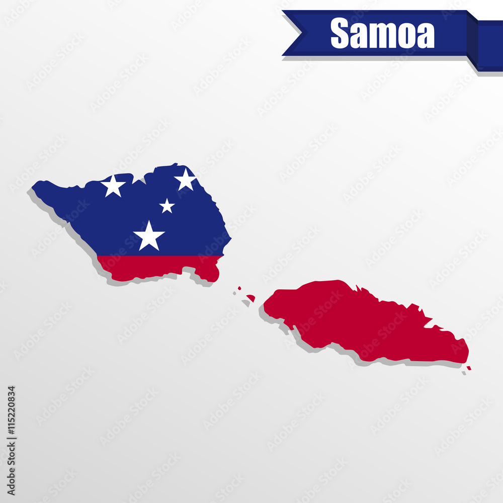 Poster samoa map with flag inside and ribbon