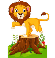 Happy cartoon lion sitting on tree stump