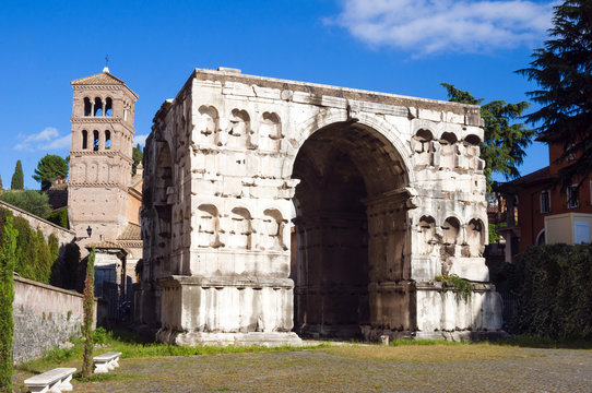 Quadrifrons triumphal arch of Janus, Belltower of San Giorgio in Velabro's church, Rome, Lazio