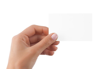 Business card in female hand isolated at white background.