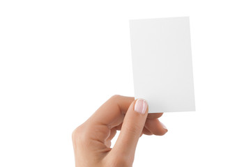 Business card in female hand isolated at white background.