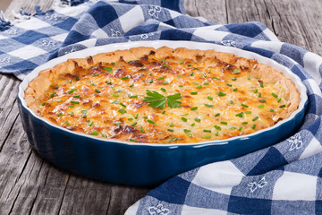 French onion quiche  or pie in a gratin dish