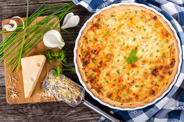 French onion cheese quiche, view from above