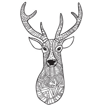 Deer. Hand-drawn reindeer with ethnic doodle pattern. Coloring page - zendala, for relaxation and meditation  adults, vector illustration, isolated on a white background. Zen .
