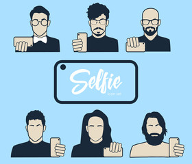 Fototapeta premium Guys taking self photo - icons set. Hipsters do selfie. Mustache, Beard and Hair Style. Vector illustration.