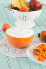A bowl full of yogurt to eat with chopped pieces of fresh fruits


