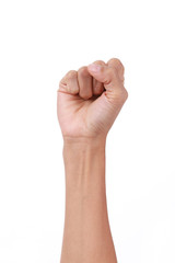 A clenched fist held high in protest.Punching fist on white background