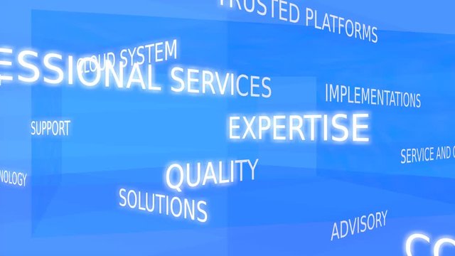 Information technology word tag cloud - blue variant, loop able, 3D rendering, UHD