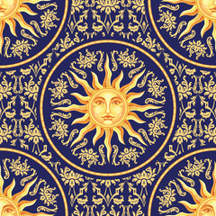 Celestial baroque seamless pattern with sun face - 115226022