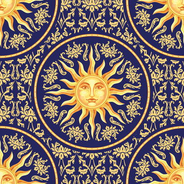 Celestial baroque seamless pattern with sun face
