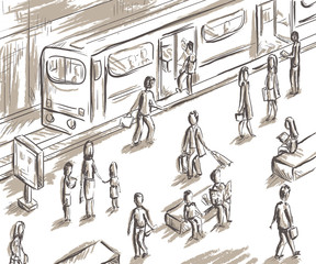 People in subway. Vector illustration in sketch style