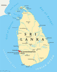Sri Lanka political map with capitals Sri Jayawardenepura Kotte and Colombo, important cities, rivers and lakes. Former known as Ceylon, island country in South Asia. English labeling. Illustration.