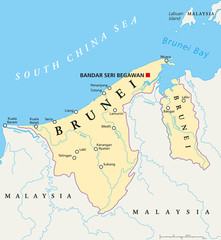 Brunei political map with capital Bandar Seri Begawan, national borders, cities and rivers. Sovereign state on the north coast of Borneo, Malaysia in Southeast Asia. English labeling. Illustration.