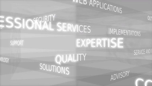 Information technology word tag cloud - grey variant, loop able, 3D rendering, UHD