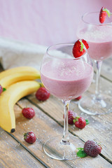 Delicious strawberry and banana smoothie, yogurt or milk shake w