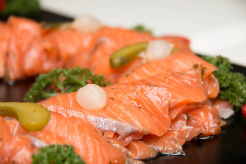 Closeup on slice of smoked salmon