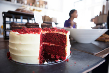Red velvet cake on cafe counter