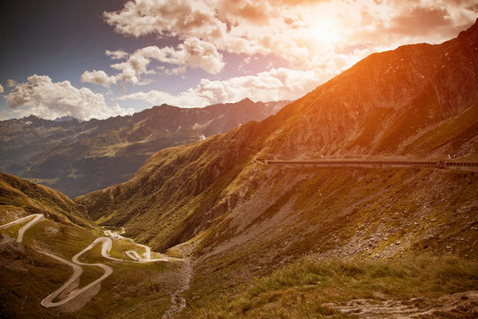 Old road with tight serpentines, Gotthard Pass, Ticino, Switzerland