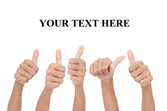 Many people congratulate a winner and holding their thumbs up with blank space for text