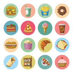 Fast food colorful icons set. Flat design.