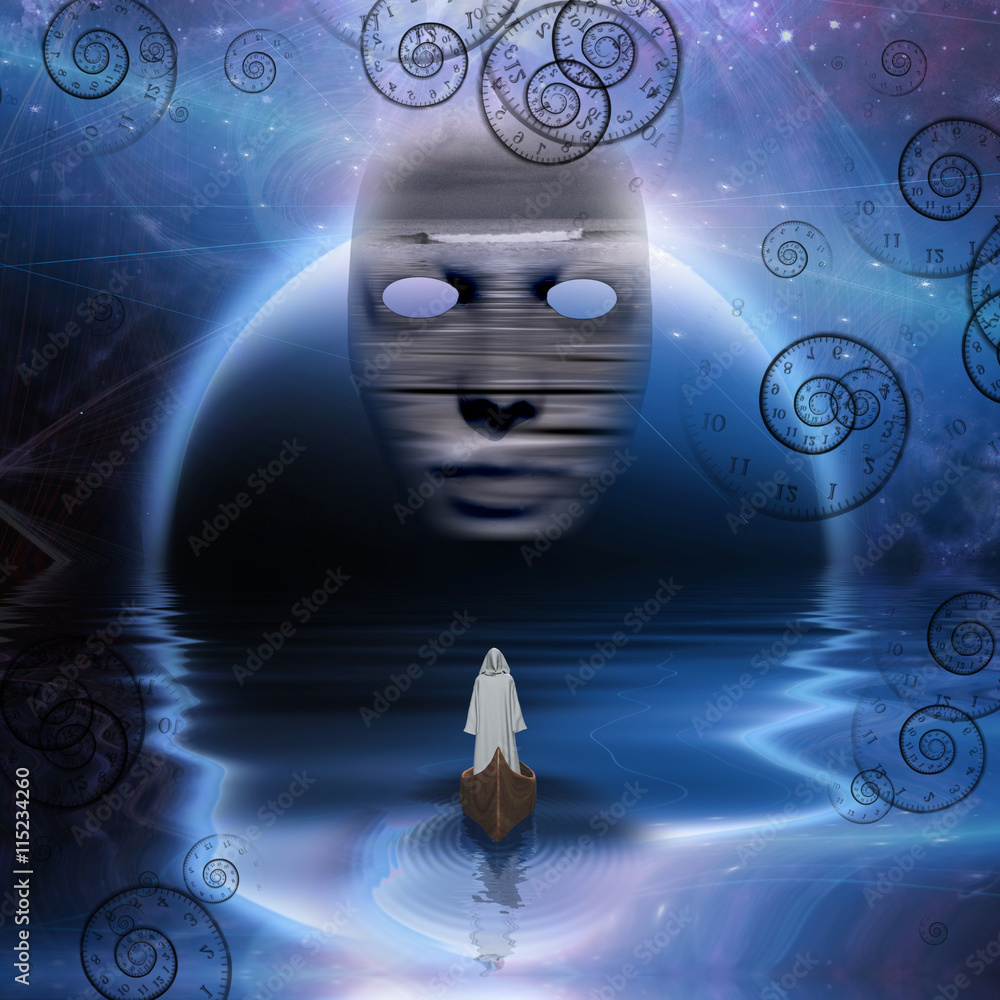Poster man in white robe floating in abstract space