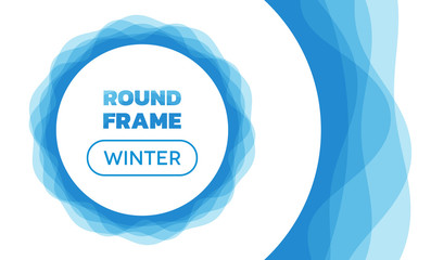 Curved vector lines forming semitransparent abstract overlaying wavy frame with text and round button inside - winter blue theme - 115234842
