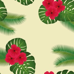 Seamless pattern. Hibiscus, monstera leaves, leaves of palm trees.