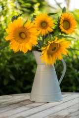 Four large sunflowers in a light blue enamel jug