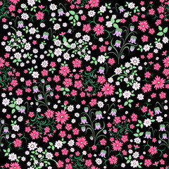 Seamless ditsy. Floral pattern. Flowers background. Vector illustration. Small white and pink flowers on a black background.