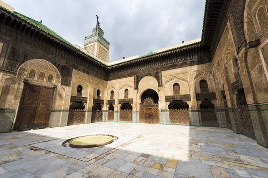 View of the courtyard in the Madrasa Bou Inania, in Fez, Morocco