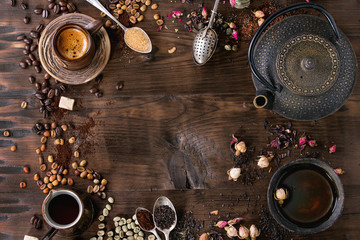 Assortment of tea and coffee as background